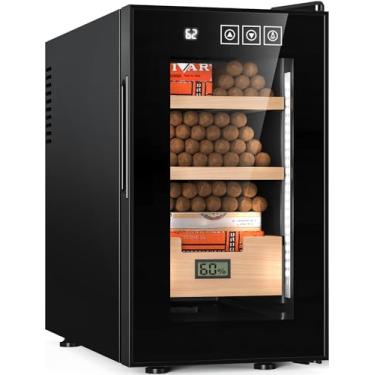 Imagem de NEEDONE Armário de 150 unidades com sistema elétrico de controle de temperatura de aquecimento e resfriamento, feito com prateleiras e gaveta de madeira de cedro espanhol com higrômetro, presente para homens