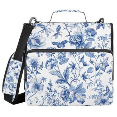 Imagem de SEHANY Fichário azul boêmio com zíper 3 anéis com alça de ombro, vários bolsos expansíveis pasta de arquivo organizador de bolsa