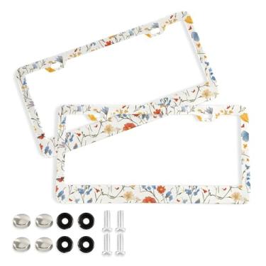 Imagem de SEHANY Molduras de placa de licença de flores florais coloridas, capas de moldura de placa de carro de alumínio à prova de ferrugem com orifícios elípticos e parafusos serve para veículos padrão dos