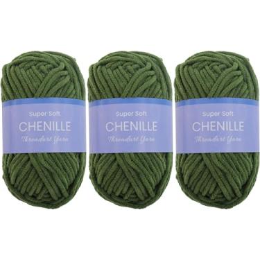 Imagem de Pacote com 3 fios de chenille Threadart para crochê, tricô, amigurumi, fio de veludo de pelúcia super macio - 50 gramas 60 metros #5 novelos fofos - Verde musgo 24
