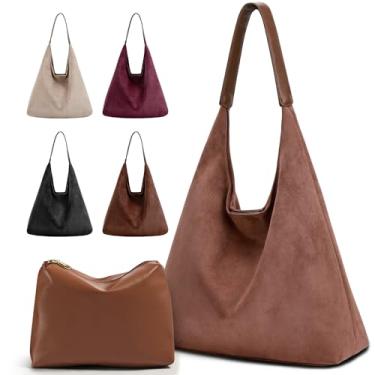 Imagem de Conjunto de bolsa de couro vegano de 2 peças para mulheres: bolsa de ombro despojada Hobo e bolsa de camurça, Marrom 2