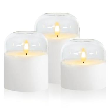 Imagem de Velas de vidro cinza sem chama com controle remoto, conjunto de 3 velas extra grandes operadas por bateria com temporizador, vela eletrônica artificial cintilante de LED para casa, Halloween, Natal