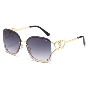 Imagem de HCHES Óculos de Sol Femininos Retro Degradê Sem Armação em Formato de Coração Duplo com Lentes de Metal, Proteção UV400 (Cinza Dourado)