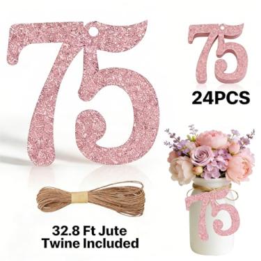 Imagem de ALISSAR 24 peças, ouro rosa, 75 etiquetas numéricas com barbante de juta de 32,8 m – decorações de aniversário de 75 anos, artigos de festa de 75 anos, peças centrais de pote de pedreiro, kit de