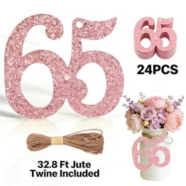 Imagem de ALISSAR 24 peças, ouro rosa, 65 etiquetas numéricas com barbante de juta de 32,8 m – decorações de aniversário de 65 anos, artigos de festa de 65 anos, peças centrais de pote de pedreiro, kit de