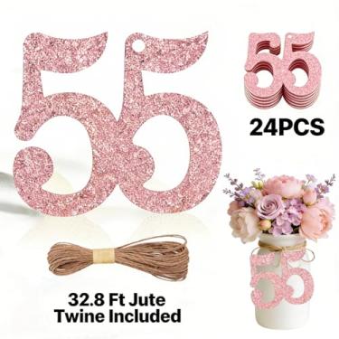 Imagem de ALISSAR 24 peças, ouro rosa, 55 etiquetas numéricas com barbante de juta de 32,8 m – decorações de aniversário de 55 anos, artigos de festa de 55º aniversário, peças centrais de pote de pedreiro, kit