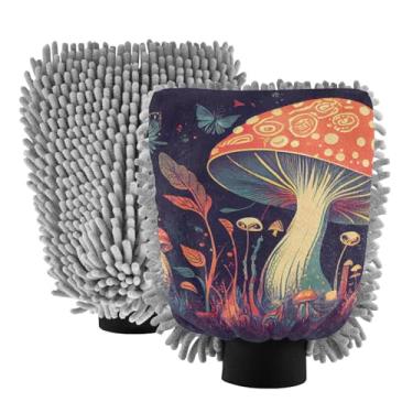 Imagem de ODAWA Pacote com 2 luvas de limpeza de carro de chenille com borboleta de cogumelo fantasy, luvas de lavagem de carro para canhão de espuma, 18 cm x 26 cm