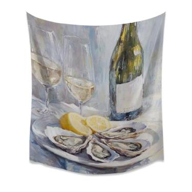 Imagem de White Wine Ostras Limões Cozinha Tapeçaria de Parede Vintage Decoração de Jantar Costeira Pintura Ilustração Comida Neutro Tecido Azul Poster Para Bistrô Café Cozinha Espaço Branco 152 x 203 cm