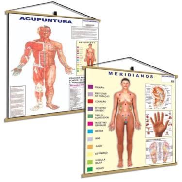 Imagem de 2 Banners Rotas De Energia Pontos Meridianos Acupuntura Corpo Humano Poster Grande Medicina