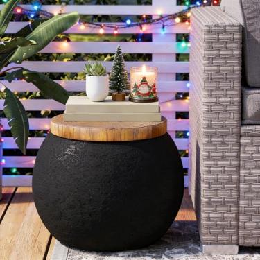 Imagem de COSIEST Mesa lateral externa – tambor preto, tampo de concreto de 43 cm, detalhes de madeira falsa para pátio, sala de estar e jardim