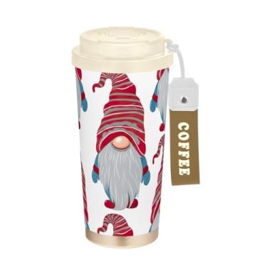 Imagem de TSENQUE Copo de café de 473 ml com revestimento cerâmico, copo de café de aço inoxidável com canudo e tampa de enchimento, copo isolado a vácuo, lindos gnomos cinzentos de Natal