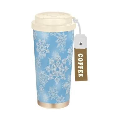 Imagem de TSENQUE Caneca de café de viagem 40 ml com canudo e tampa de filp, copos de parede dupla isolados a vácuo com revestimento cerâmico, branco, floco de neve, azul de Natal