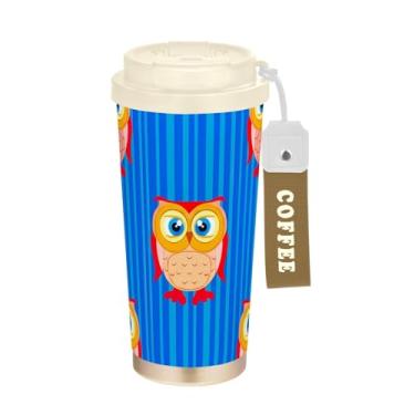 Imagem de Caneca de viagem de café 40 ml com canudo e tampa, caneca de café de aço inoxidável à prova de vazamento para escritório, escola, festa, acampamento, corujas fofas, listras azuis