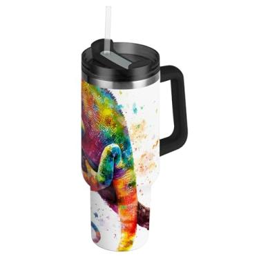 Imagem de Joisal Copos de aço inoxidável com tampas e canudo aquarela camaleão copo para quente e frio grande copo de 1,134 g com alça garrafas de água isoladas