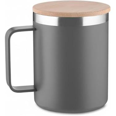 Imagem de Caneca Térmica 400ml em Inox Reciclado com Parede Dupla e Tampa de Bambu Natural, Copo Térmico Cinza com Pintura a Pó, Design Sustentável e Isolamento a Vácuo para Café e Chá Premium
