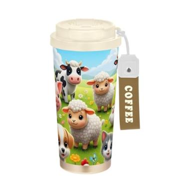 Imagem de TSENQUE Cute Farm Animals Cat Dog, Caneca de café de viagem de 473 ml com canudo e tampa, copo de parede dupla isolado a vácuo com revestimento cerâmico para escritório, escola, festa, acampamento