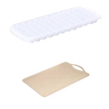 Imagem de Conjunto de 1 Tábua Bege Plástica de Corte para Alimentos + 1 Forma de gelo em Cubos Plástica Branco Atóxica