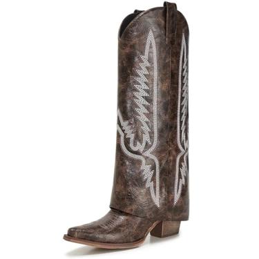 Imagem de CDHYX Botas femininas caubói ocidentais Pasuot, botas de tubarão, dobráveis, salto grosso, bico fino, cowgirl com bordado, Marrom, 41
