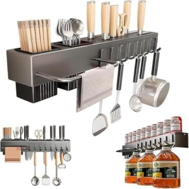 Imagem de Suporte de Utensílios Para Cozinha em Metal Organizador Multiuso 60cm Porta Talheres Facas 10 Ganchos Rack de Parede