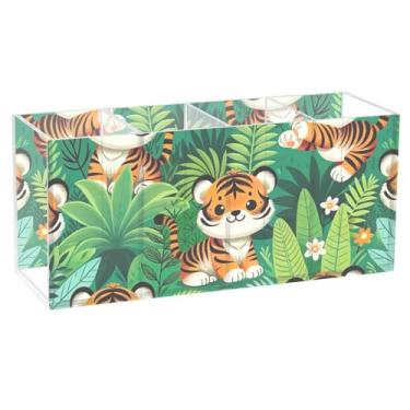 Imagem de TSENQUE Porta-lápis fofo para mesa, lindos tigres florais de acrílico, canetas, canetas, lápis, papelaria, armazenamento personalizado, decoração de mesa