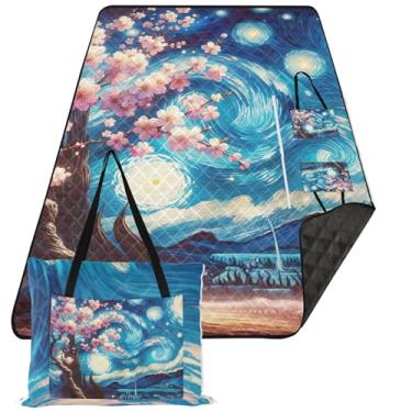 Imagem de TSENQUE Cobertores de areia de flor de cerejeira de noite estrelada para praia tapete dobrável extra grande à prova de areia cobertor de piquenique tapete de grama acampamento ao ar livre 299 cm x 203