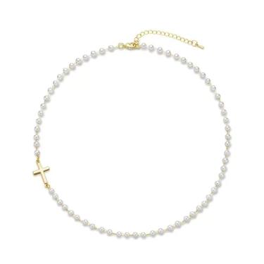 Imagem de Colar de pérolas laterais com pingente de cruz para mulheres, 18 Inches, Pérolas sintéticas Liga metálica Contas de vidro, Sem Pedra Preciosa
