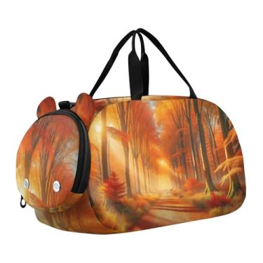 Imagem de Bolsa esportiva de Natal para meninas Highland Cow, bolsa de viagem para fim de semana, compartimento para sapatos noturnos, bolsa esportiva para meninos, Floresta de outono, Clássico