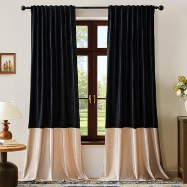 Imagem de Cortinas de veludo 244 cm de comprimento para sala de estar preto champanhe bege, 2 painéis, cortinas blackout modernas com bloco de cores, bolso traseiro para varão, cortinas à prova de som, para