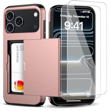 Imagem de Benbenjaytek Capa carteira para iPhone 17 Pro Max com suporte para cartão + 2 protetores de tela de vidro temperado protetor à prova de choque oculto slot para cartão slim capa feminina masculina para