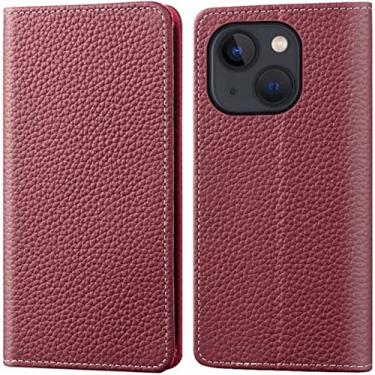 Imagem de BKUANE Litchi Pattern Flip Case para Apple iPhone 13 Mini (2021) 5,4 polegadas, carteira de couro magnética Folio Kickstand capa de telefone [porta-cartão] (Cor: vinho vermelho)