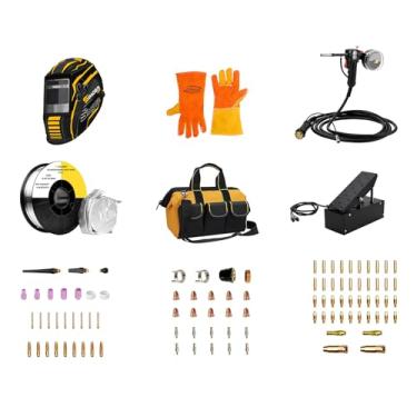 Imagem de Conjunto de ferramentas de soldagem SSimder 9 peças - pistola de carretel, pedal, capacete de soldagem, bolsa de ferramentas, fio de solda de alumínio, fio de núcleo de fluxo, consumíveis MIG