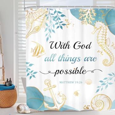 Imagem de Mitpok Cortina de chuveiro com versículo bíblico do oceano náutico 60Lx72H Cavalos-marinhos dourados escrituras folhas cristãs sob o mar animais peixes decoração de banheiro minimalista cortina de
