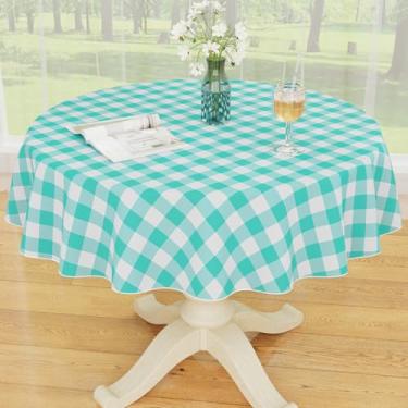 Imagem de Smiry Toalha de mesa redonda de plástico, toalha de mesa de vinil impermeável com forro de flanela, capa de mesa xadrez de búfalo limpa para jantar, interior e exterior (azul-petróleo e branco