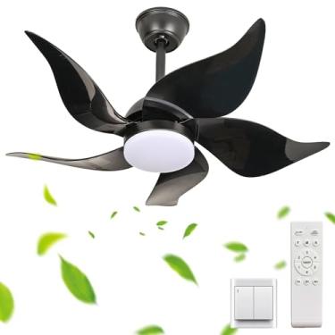 Imagem de Ventilador de teto com timer, luzes e controle remoto, 6 velocidades, reversível, com 5 pás reversíveis, 3 cores de LED, moderno, preto, para sala de jantar, quarto e sala de estar.