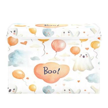 Imagem de SEHANY Cesto de armazenamento de armário de fantasmas de desenho animado fofo com tampas e alças, organizador de cestas de armazenamento de tecido dobrável, caixas de armazenamento de cubo grande para