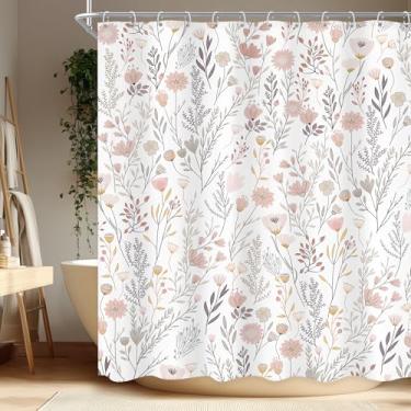 Imagem de Ufeela Cortina de chuveiro floral rosa Boho 152 cm L flor branca aquarela flor silvestre planta botânica bonito bonito conjunto de banheiro meninas berçário cortina de banho acessórios de banheira