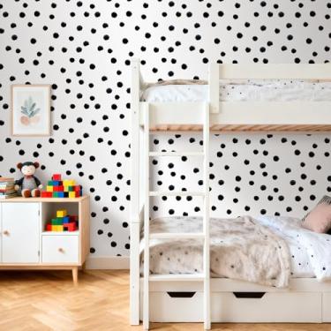 Imagem de ICOOP Papel de parede preto e branco moderno de 43 cm × 696 cm papel de parede de bolinhas para sala de aula, berçário, quarto, preto, aquarela, pontos, papel de parede, gabinete, papel de contato