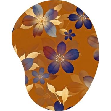 Imagem de Mouse Pad Ergonômico Gota Flores Azuis e Douradas Fundo Ocre