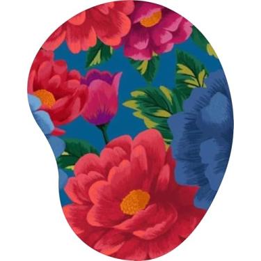 Imagem de Mouse Pad Ergonômico Gota Flor Peônia Vermelha Azul Fundo Turquesa