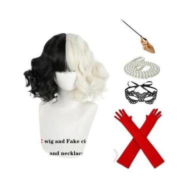 Imagem de Peruca Curta Resistente Ao Calor CRUELLA Deville De Vil Preta E Branca