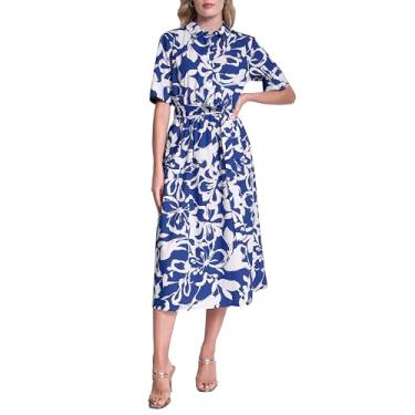 Imagem de DKNY Vestido feminino de manga curta com gola popelina de algodão, azul atlântico/marfim, 8