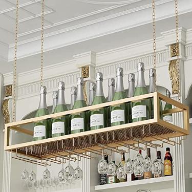 Imagem de SGeneE Suporte de vinho tipo teto suporte de copo de vinho suporte de taças de vinho dourado sob a prateleira pendurado corrente de ferro de metal suporte organizador para armário de bar cozinha (ouro