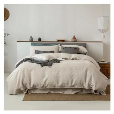 Imagem de Conjunto de cama de linho puro, tamanho casal solteiro macio, capa de edredom de lençol plano, roupa de cama, têxtil doméstico, tamanho Queen King, cama de luxo em uma bolsa (B tamanho casal 4 peças)