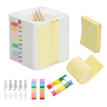 Imagem de Mulaibdin Dispensador de notas adesivas, dispensador de notas e bandeira 5 em 1 com suporte de clipe de papel, notas pop-up e etiquetas de anotação, organizador de mesa multifuncional para escritório