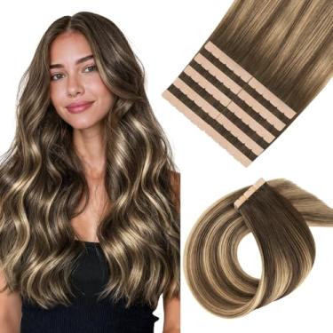 Imagem de MAXITA Extensões de cabelo humano com fita adesiva, 51 cm, 10 peças, 30 g, marrom-chocolate a loiro caramelo, mini extensões de cabelo de trama cortadas para ajustar, invisível e flexível