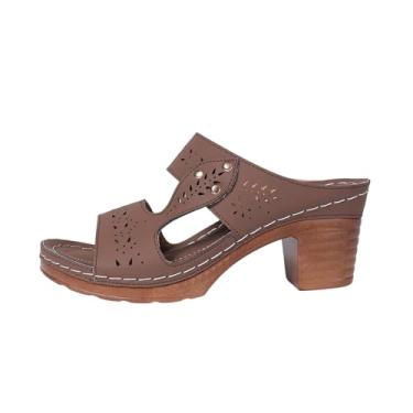 Imagem de Sandálias femininas elegantes e casuais de verão sólidas com salto alto e boca de peixe, confortáveis e respiráveis, Café, 36