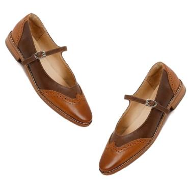 Imagem de SHODENSE Sapato feminino Mary Jane rasteiras bico redondo tira no tornozelo, dois tons, oxfords Mary Jane, perfurado, retrô, 1 salto plano, sapato social, bico amêndoa, patchwork, confortável