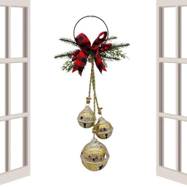 Imagem de Sinos de árvore de Natal | Decoração rústica com laço, decoração de sinos de artesanato de guirlanda | para porta da frente ao ar livre, manto de casa, ano novo, casamento, inverno