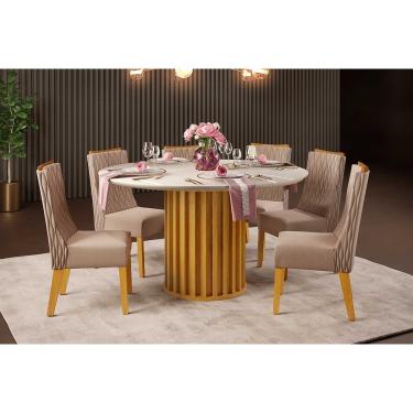 Imagem de Conjunto: Mesa Sala Jantar Viena c/ Tampo Madeirado c/ Vidro 136x136cm e 6 Cadeiras Jade Cedro/Off White - Suede Kraft - DJ Móveis