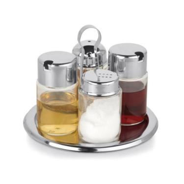 Imagem de Galheteiro De Vidro Redondo 5 Peças Kit Salada Mesa Cozinha Saleiro Pa